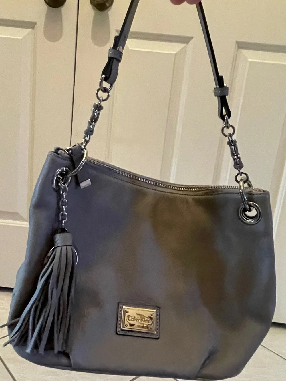 Calvin Klein Gray Pebbled Leather Hobo Shoulder Bag with Tassel & CK Charm